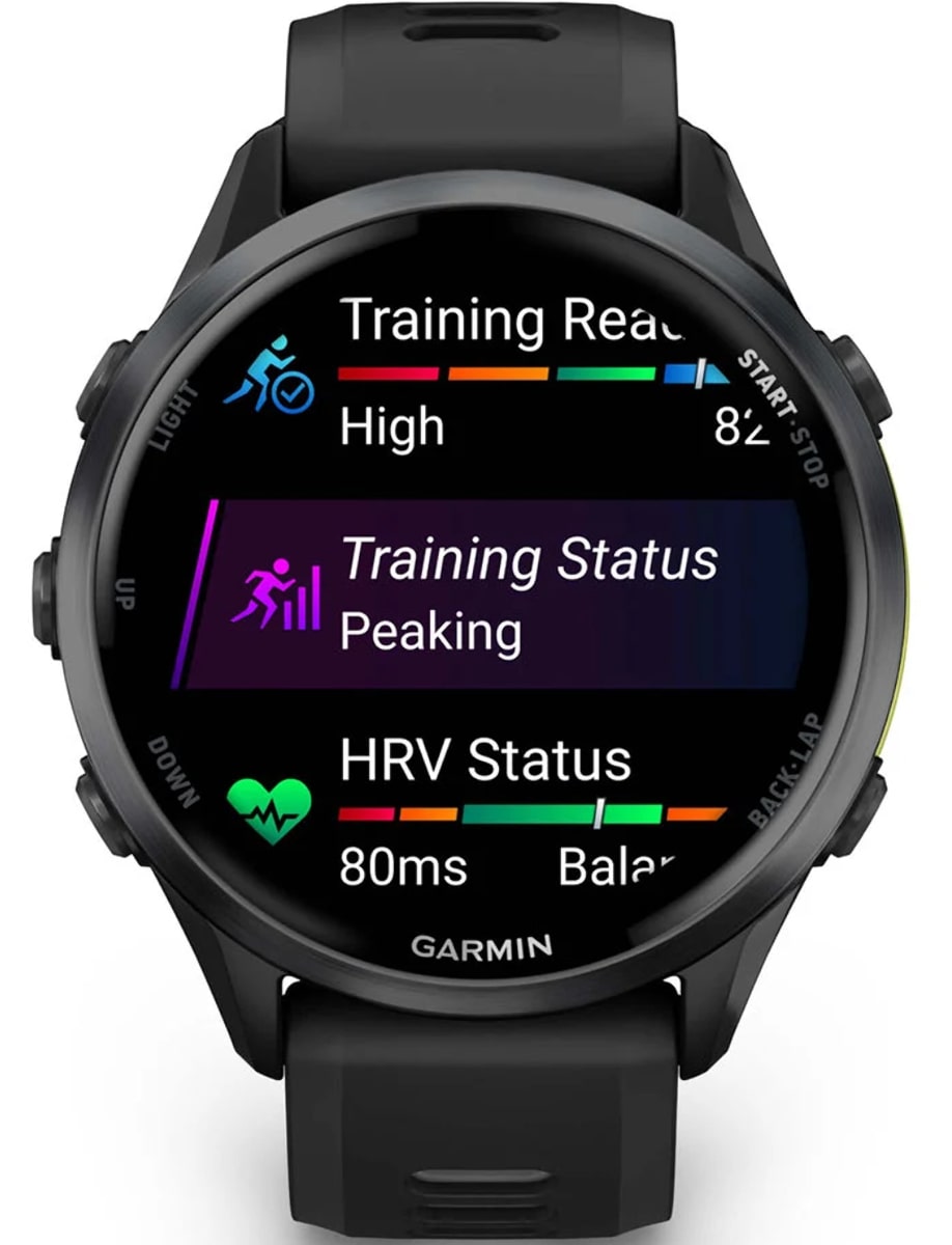 Front view of Garmin wristwatch with polycarbonate case, black dial and silicone strap