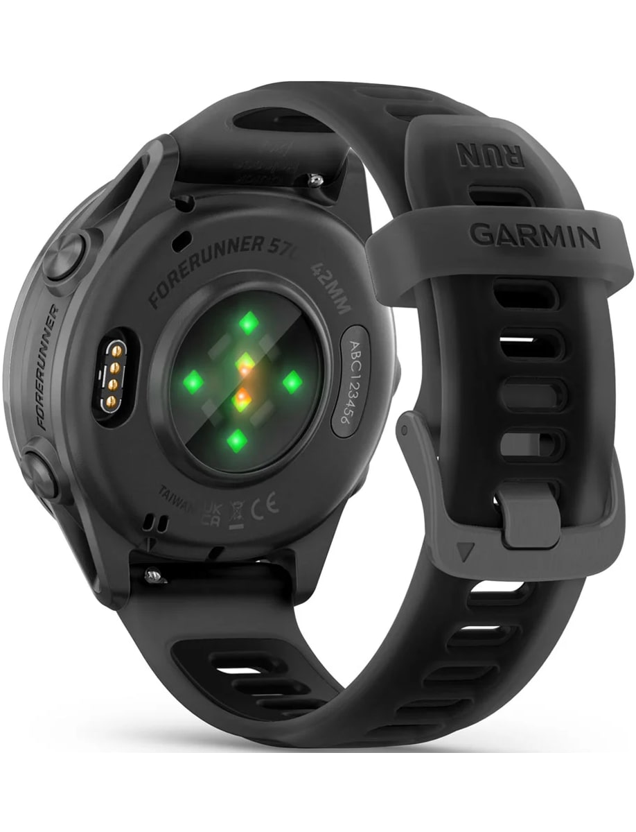 Back view of Garmin wristwatch with polycarbonate case, black dial and silicone strap