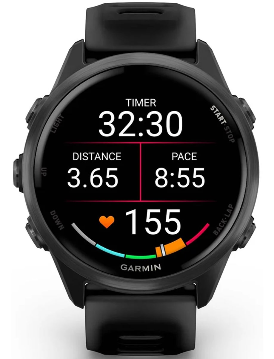 Front view of Garmin wristwatch with polycarbonate case, black dial and silicone strap