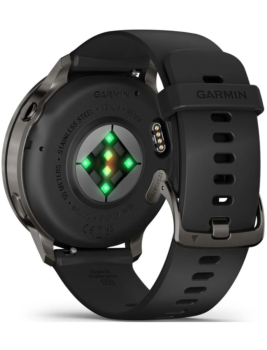 Back view of Garmin wristwatch with stainless steel case, Corning® Gorilla® Glass 3 display and silicon strap