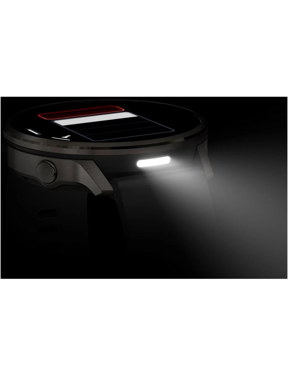 Night view of Garmin wristwatch with stainless steel case, Corning® Gorilla® Glass 3 display and silicon strap