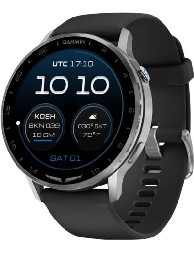 Garmin wristwatch with stainless steel and fiber-reinforced polymer case, amoled display and silicon strap