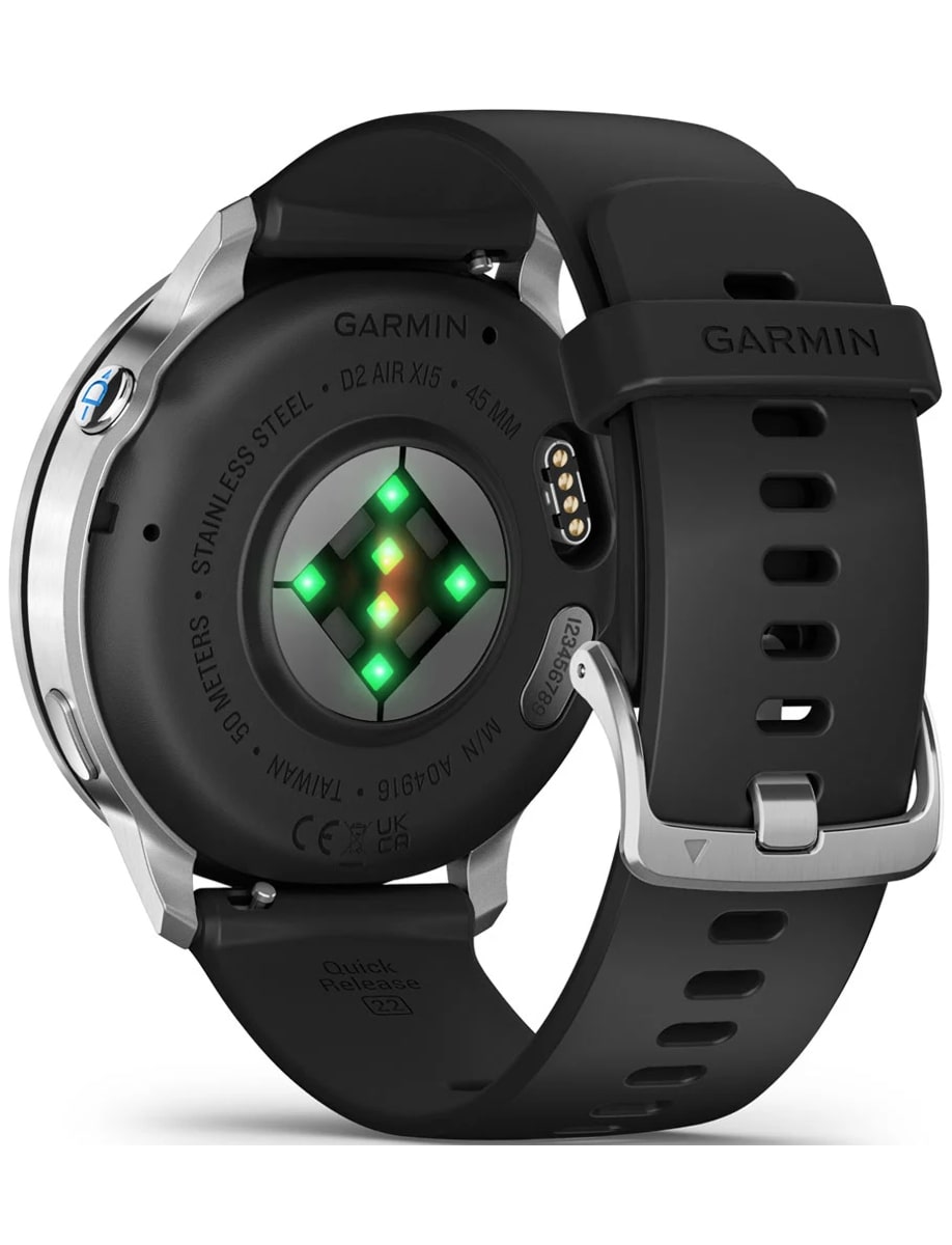 Back view of Garmin wristwatch with stainless steel and fiber-reinforced polymer case, amoled display and silicon strap