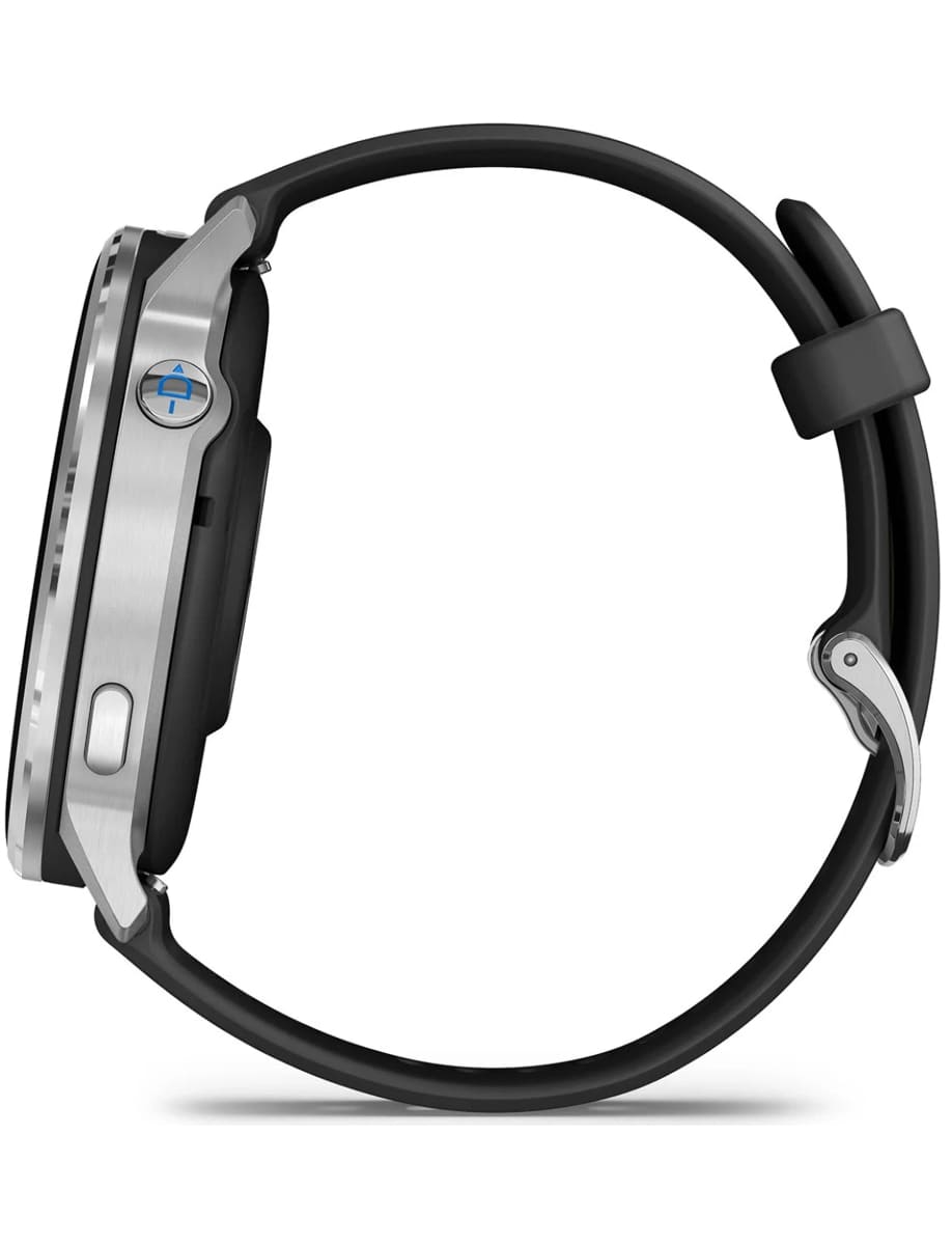 Side view of Garmin wristwatch with stainless steel and fiber-reinforced polymer case, amoled display and silicon strap