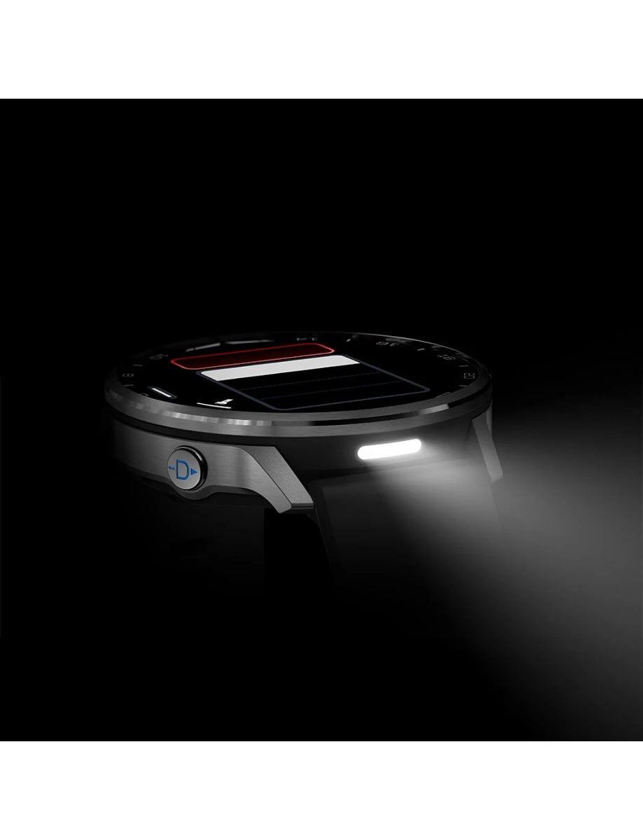 Night view of Garmin wristwatch with stainless steel and fiber-reinforced polymer case, amoled display and silicon strap
