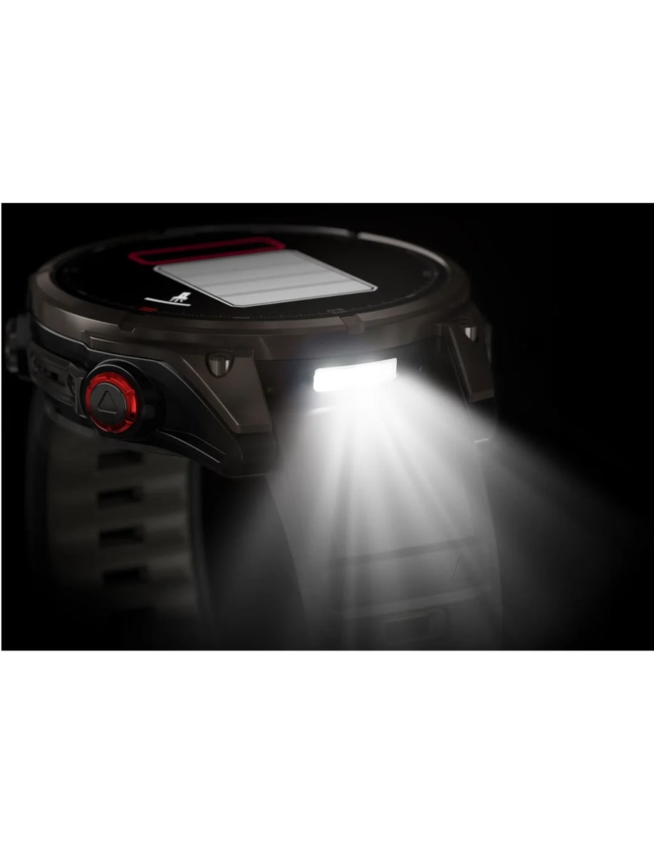 Night view of Garmin wristwatch with fiber-reinforced polymer with titanium rear cover case and silicone strap