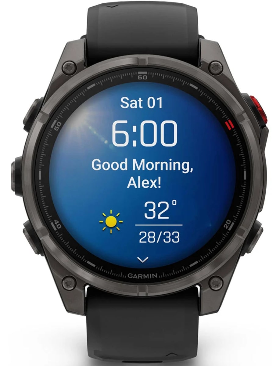 Front view of Garmin wristwatch with fiber-reinforced polymer with titanium rear cover case and silicone strap