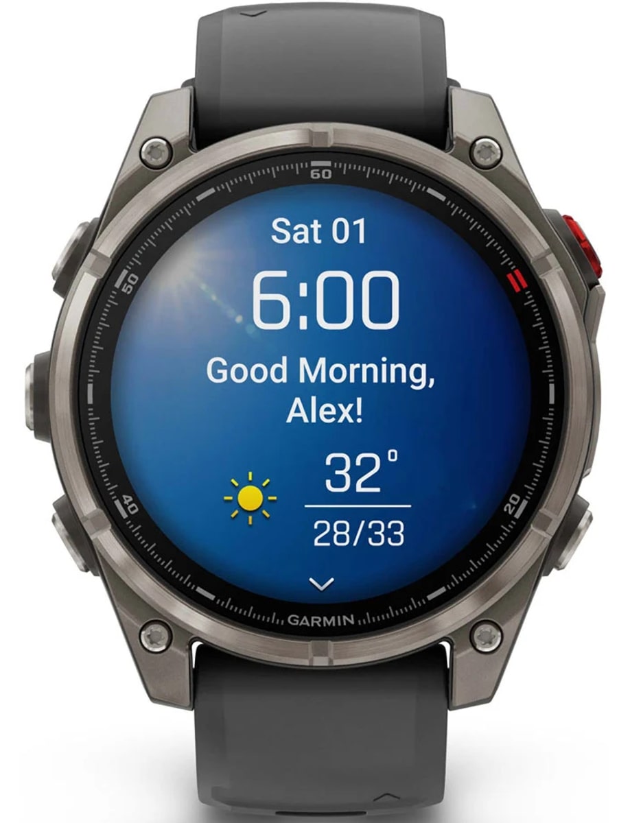 Front view of Garmin wristwatch with fiber-reinforced polymer with titanium rear cover case and silicone strap