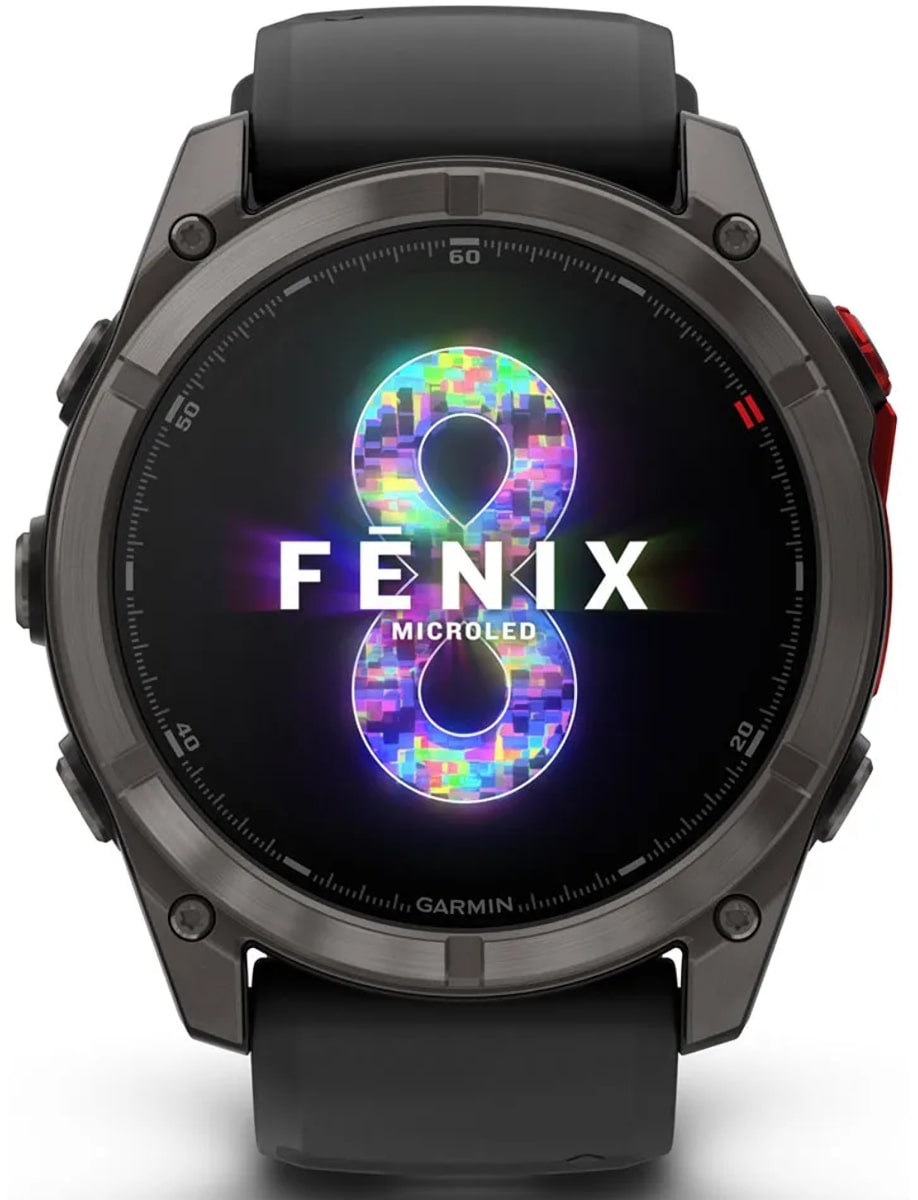 Front view of Garmin wristwatch with fiber-reinforced polymer with titanium rear cover case and silicon strap