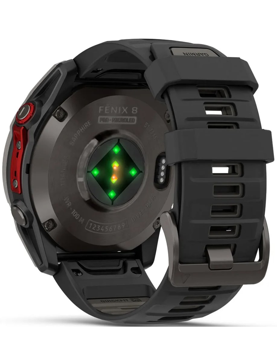 Back view of Garmin wristwatch with fiber-reinforced polymer with titanium rear cover case and silicon strap