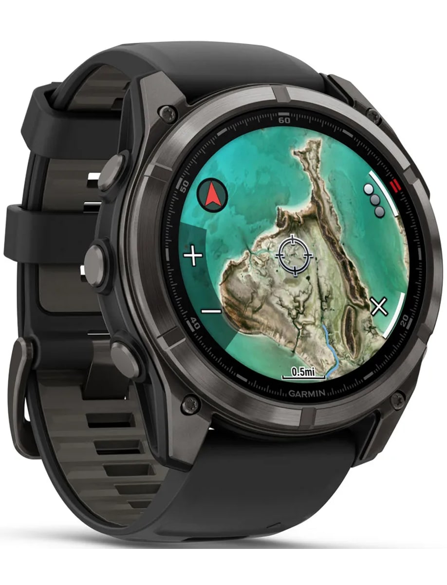 Side view of Garmin wristwatch with fiber-reinforced polymer with titanium rear cover case and silicon strap