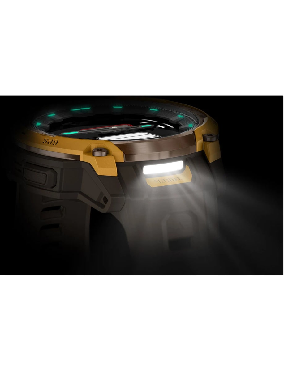 Night view of Garmin wristwatch with fiber-reinforced polymer case, amoled dial and silicone strap