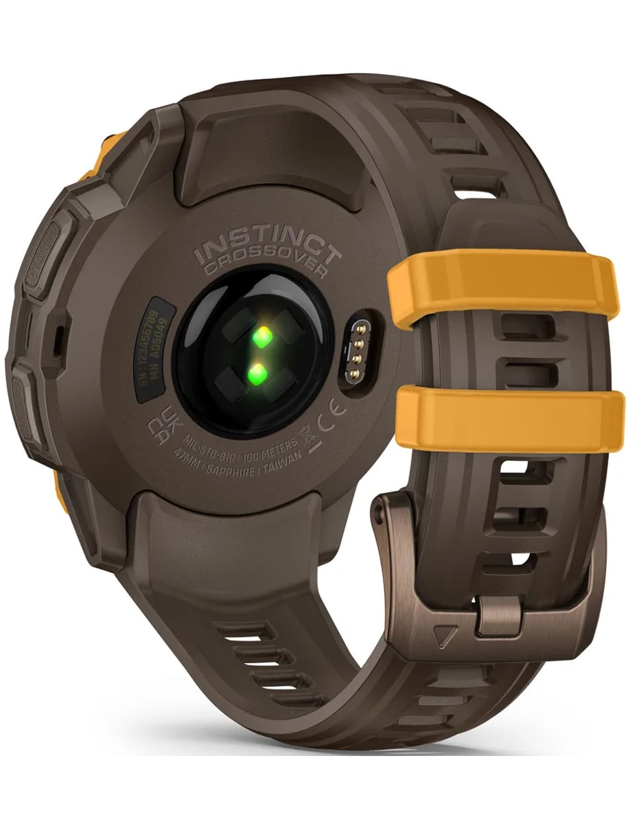 Back view of Garmin wristwatch with fiber-reinforced polymer case, amoled dial and silicone strap