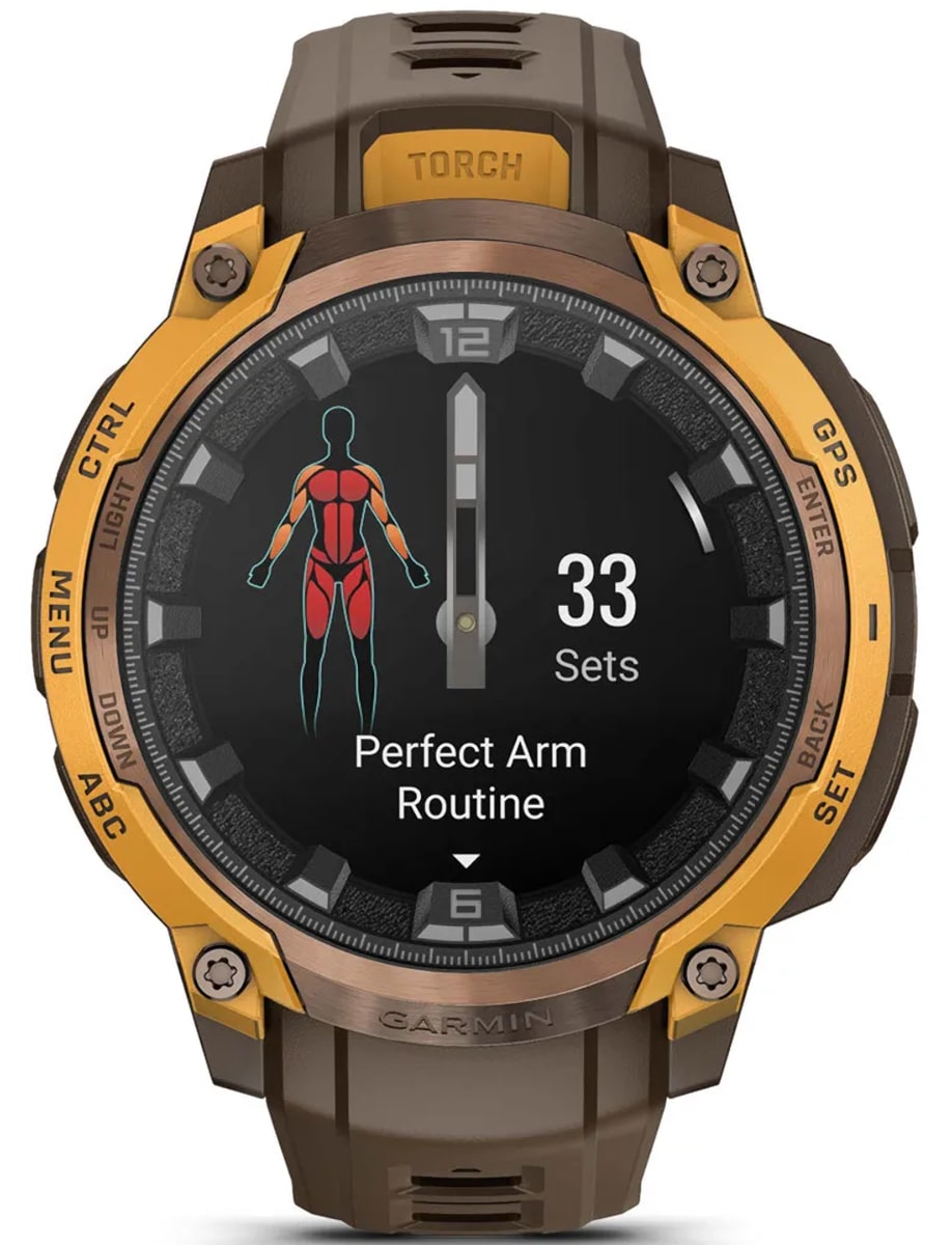 Front view of Garmin wristwatch with fiber-reinforced polymer case, amoled dial and silicone strap