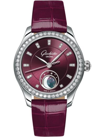 Glashutte Original wristwatch with stainless steel case, purple velvet dial and leather strap