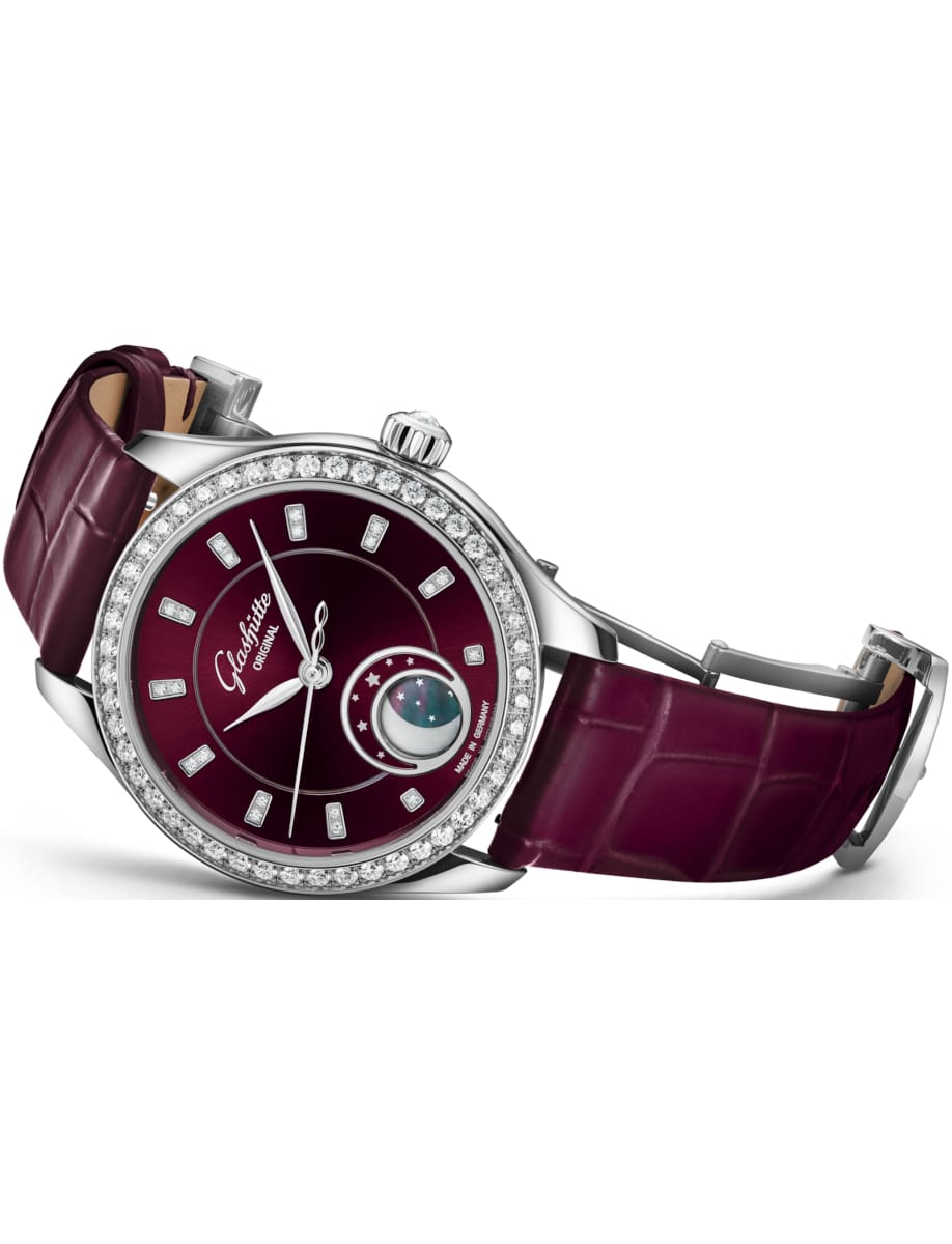 Side view of Glashutte Original wristwatch with stainless steel case, purple velvet dial and leather strap