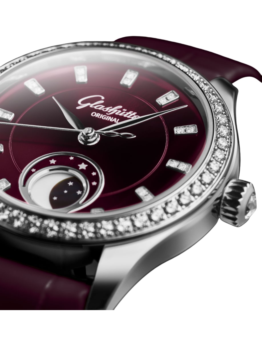 Front view of Glashutte Original wristwatch with stainless steel case, purple velvet dial and leather strap