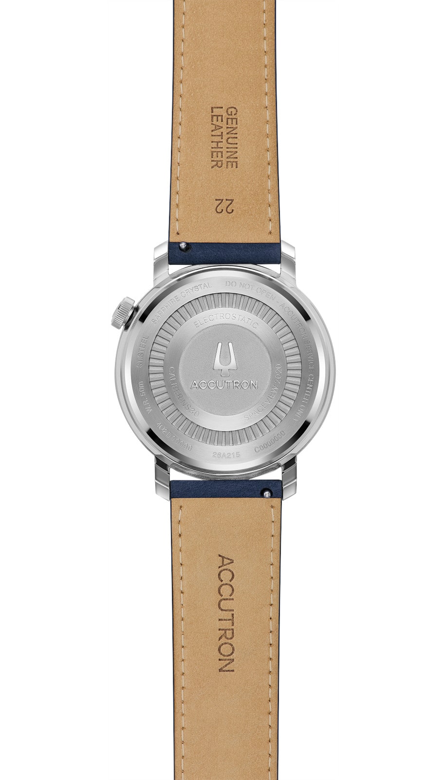 Back view of Accutron wristwatch with stainless steel case. and blue suede leather strap.