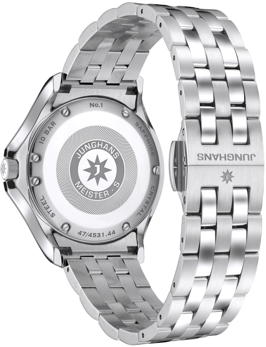Back view of Junghans wristwatch with stainless steel case and bracelet.