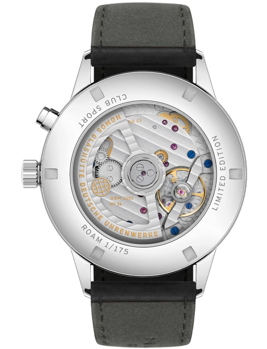 Back view of Nomos Glashuttee wristwatch with stainless steel case, champagne gold dial and Shell Cordovan leather strap