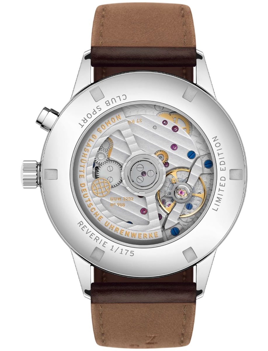 Back view of Nomos Glashutte wristwatch with stainless steel case, champagne gold dial and Shell Cordovan leather strap