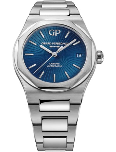Girard-Perregaux wristwatch with stainless steel case and bracelet, blue enamel with a guilloché sunray motif dial. | Feldmar Watch Co. Girard-Perregaux wristwatch with stainless steel case and bracelet, blue enamel with a guilloché sunray motif dial.
