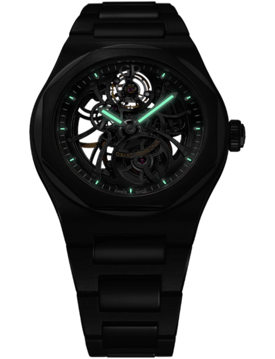 Night view of Girard-Perregaux wristwatch with black ceramic case and bracelet, and skeleton dial.