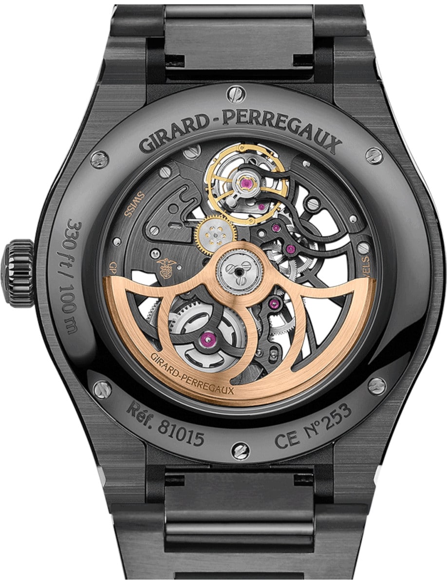 Back view of Girard-Perregaux wristwatch with black ceramic case and bracelet, and skeleton dial.