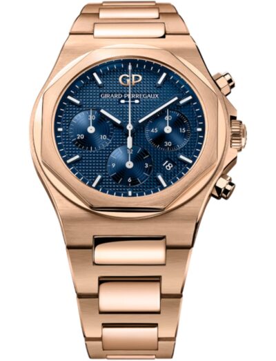 Girard-Perregaux wristwatch with pink gold case and bracelet, blue dial with a Clous de Paris pattern.