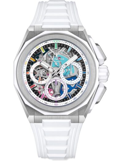 Zenith wristwatch with titanium case, multicolor sapphire dial, and white rubber strap with folding clasp.