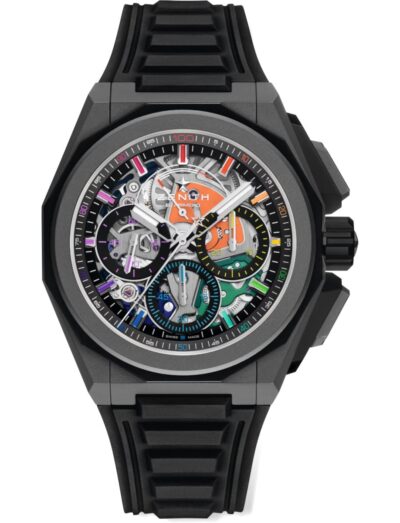 Zenith wristwatch with microblasted titanium case, multicolor sapphire dial, and black rubber strap with folding clasp.
