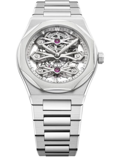 Girard-Perregaux wristwatch with stainless steel case and bracelet, skeleton dial.