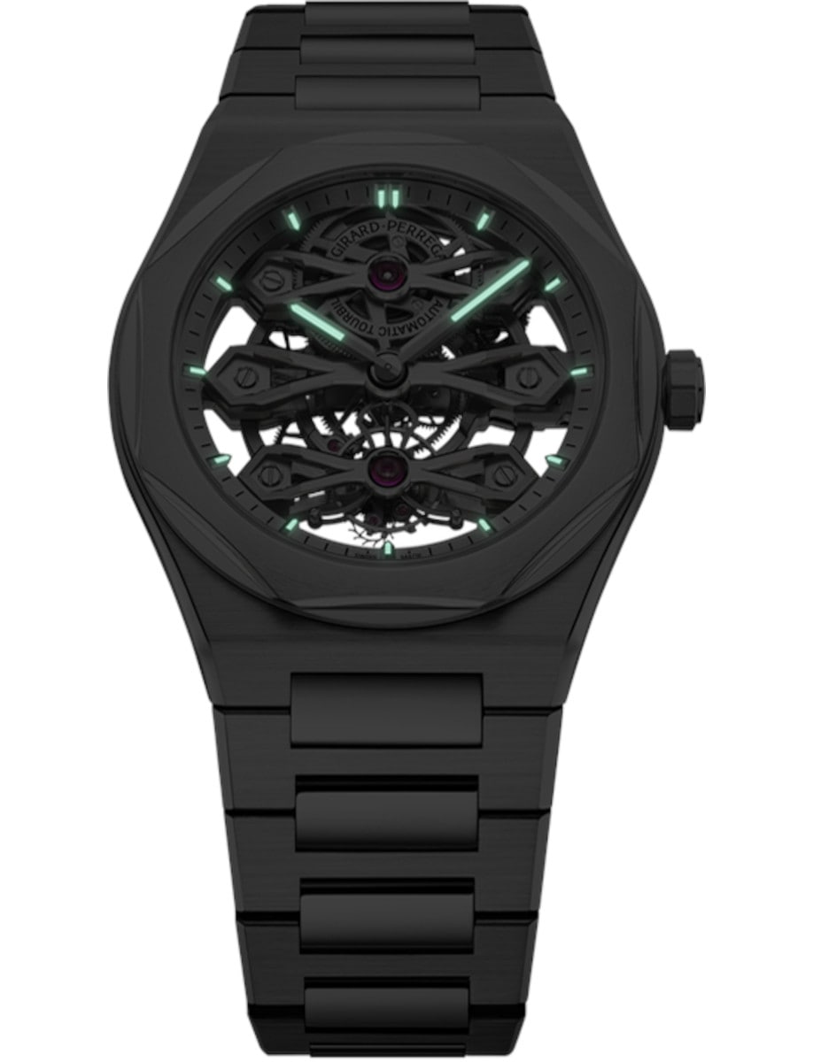 Night view of Girard-Perregaux wristwatch with stainless steel case and bracelet, skeleton dial.