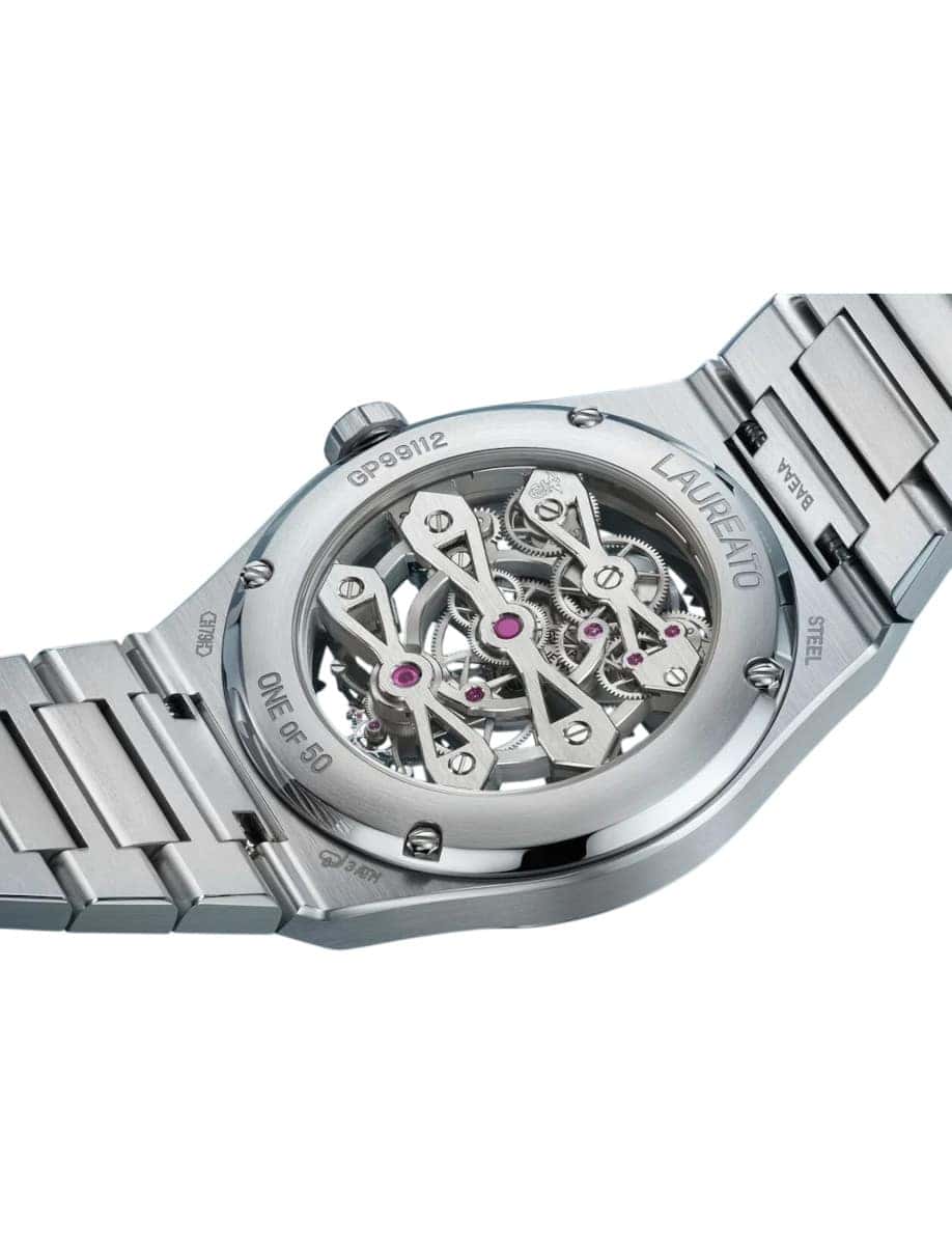 Back view of Girard-Perregaux wristwatch with stainless steel case and bracelet, skeleton dial.