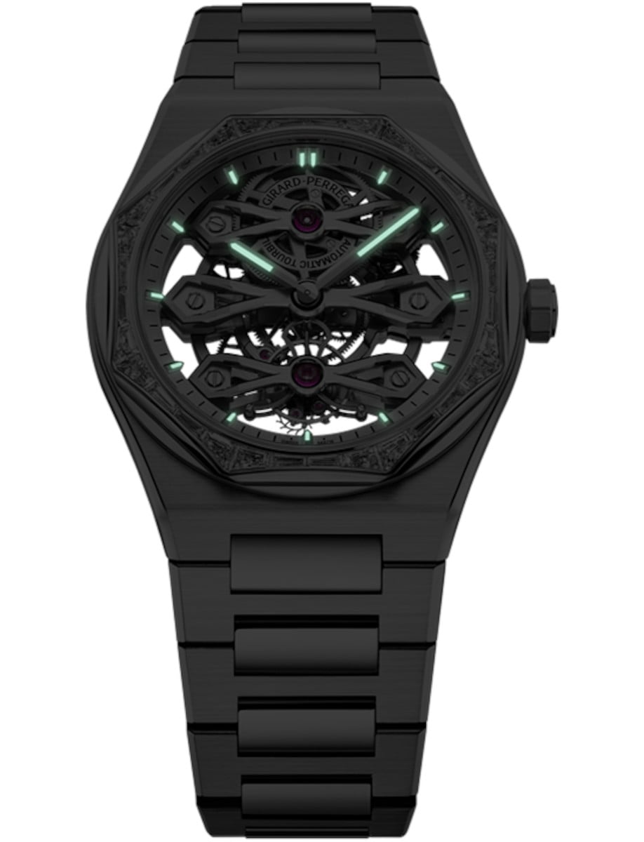 Night view of Girard-Perregaux wristwatch with stainless steel case and bracelet, and skeleton dial.