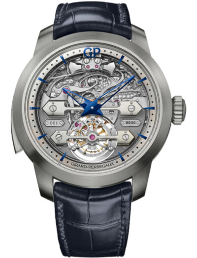 Girard-Perregaux wristwatch with titanium case, skeleton dial, alligator leather strap.