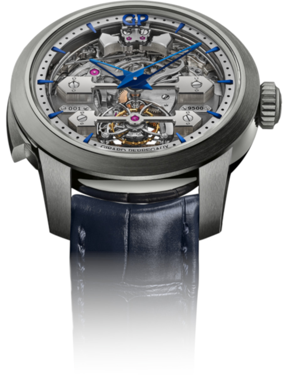 Front side view of Girard-Perregaux wristwatch with titanium case, skeleton dial, alligator leather strap.