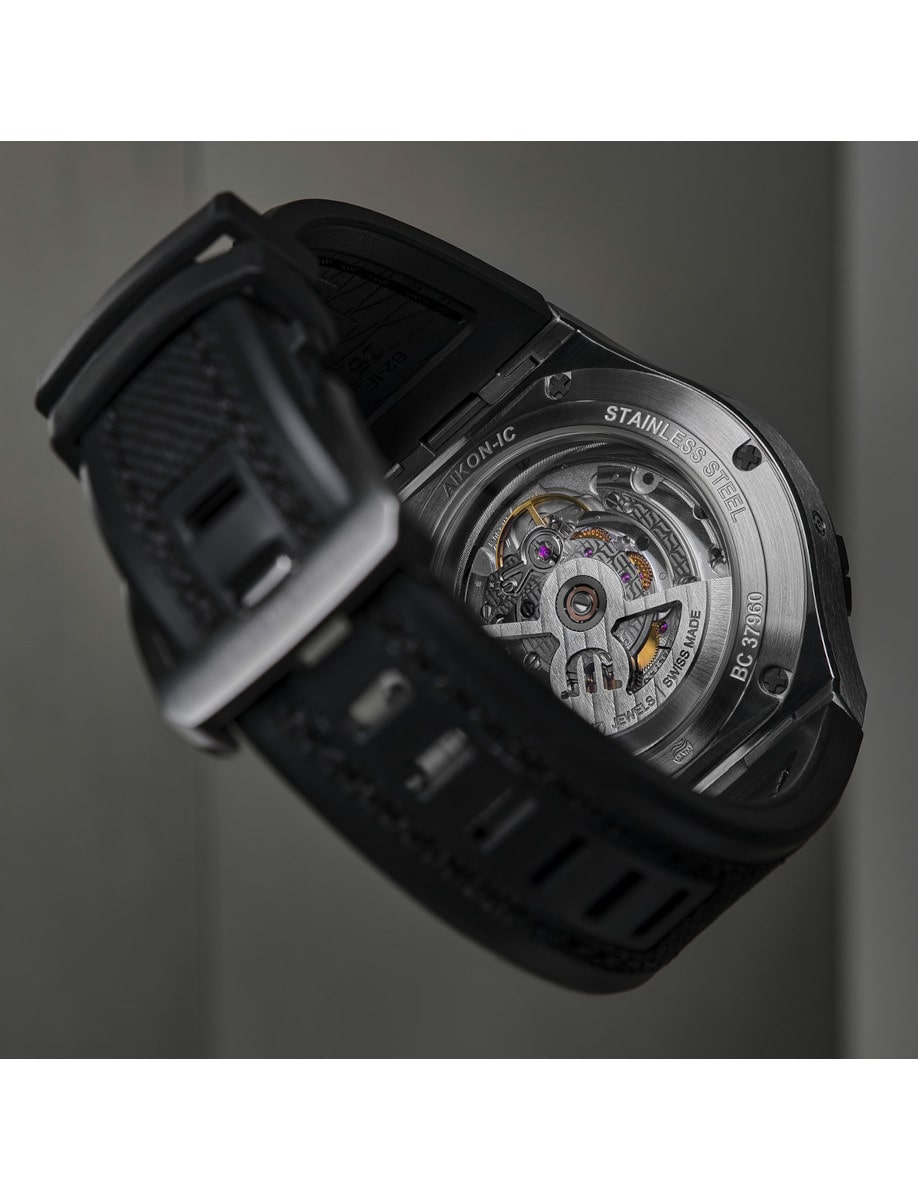 Back view of Maurice Lacroix wristwatch with stainless steel case, anthracite dial, and rubber strap.