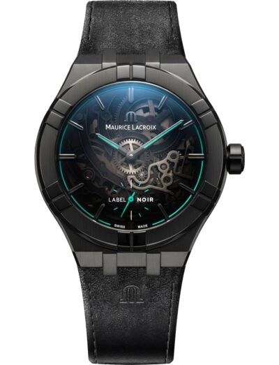 Maurice Lacroix wristwatch with black DLC-plated stainless steel case, black varnish and turquoise flange dial, and grey leather strap.