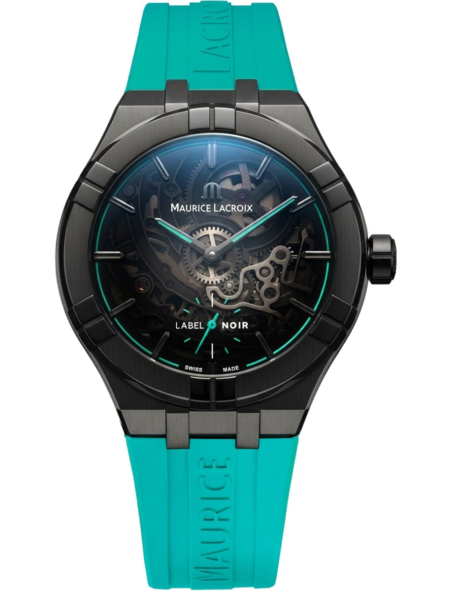 Maurice Lacroix wristwatch with black DLC-plated stainless steel case, black varnish and turquoise flange dial, and turquoise rubber strap.