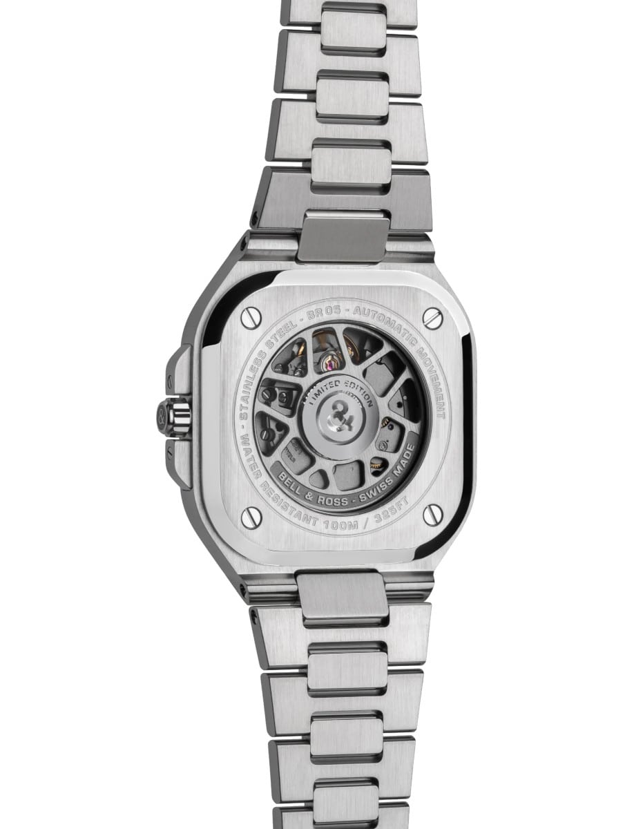 Back view of Bell and Ross wristwatch with satin-finished and polished steel case and bracelet, and sapphire case-back with 360° oscillating weight.