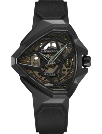 Hamilton wristwatch with PVD black stainless steel case, black rubber strap, and skeleton dial.