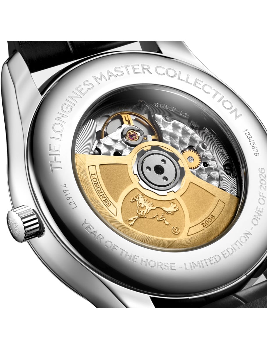 Back view of Longines wristwatch with stainless steel case,open case back, and black leather.