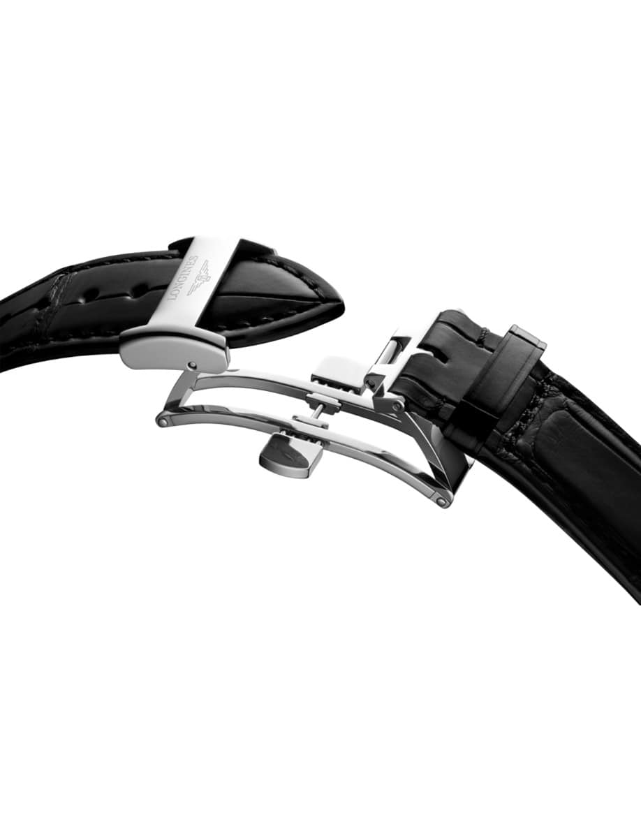 Longines buckle of wristwatch with stainless steel buckle, and black leather strap.