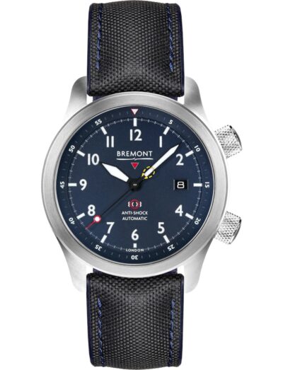 Bremont wristwatch with stainless steel case, blue dial, and blue leather strap.