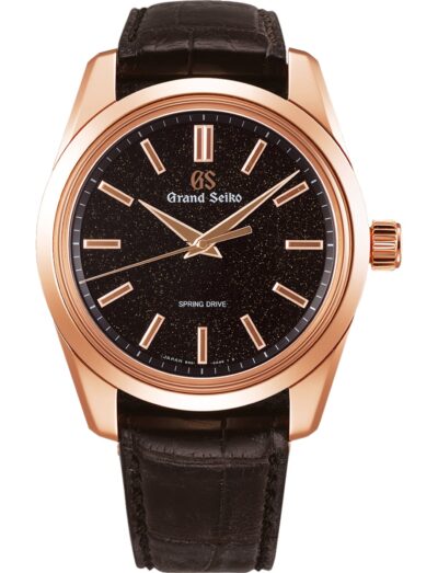 Grand Seiko wristwatch with 18k rose gold case, black dial and crocodile leather strap