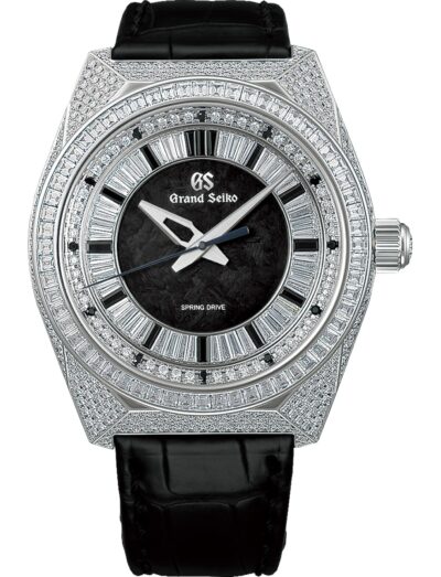 Grand Seiko wristwatch with platinum case, black dial and black crocodile leather