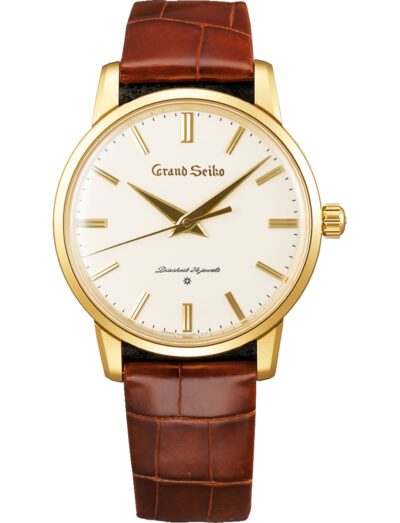 Grand Seiko wristwatch with 18k yellow gold case, gold dial and crocodile leather strap
