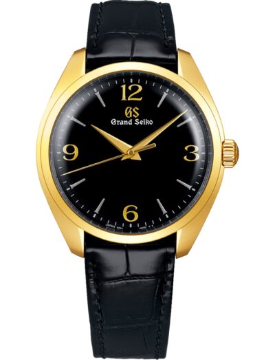 Grand Seiko wristwatch with 18k yellow gold case, black dial and crocodile leather strap