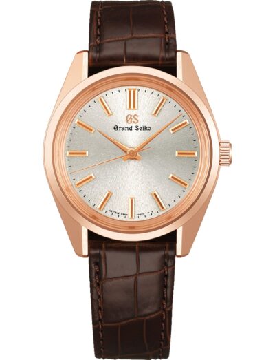 Grand Seiko wristwatch with 18k rose gold case, silver dial and crocodile leather strap